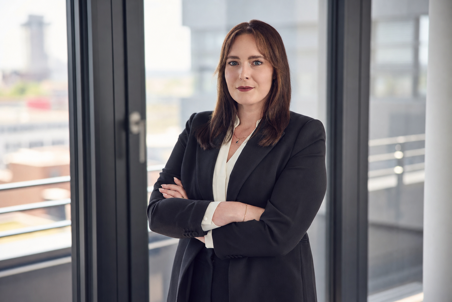 Eine professionelle Frau mit langen braunen Haaren in einem schwarzen Blazer steht mit verschränkten Armen vor großen Fenstern, die einen Blick auf eine moderne Stadtlandschaft bieten.